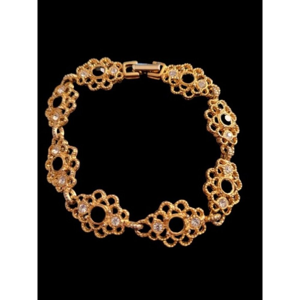 Vintage Gold Tone Flowers with Black and Clear Rhinestones Bracelet 7"